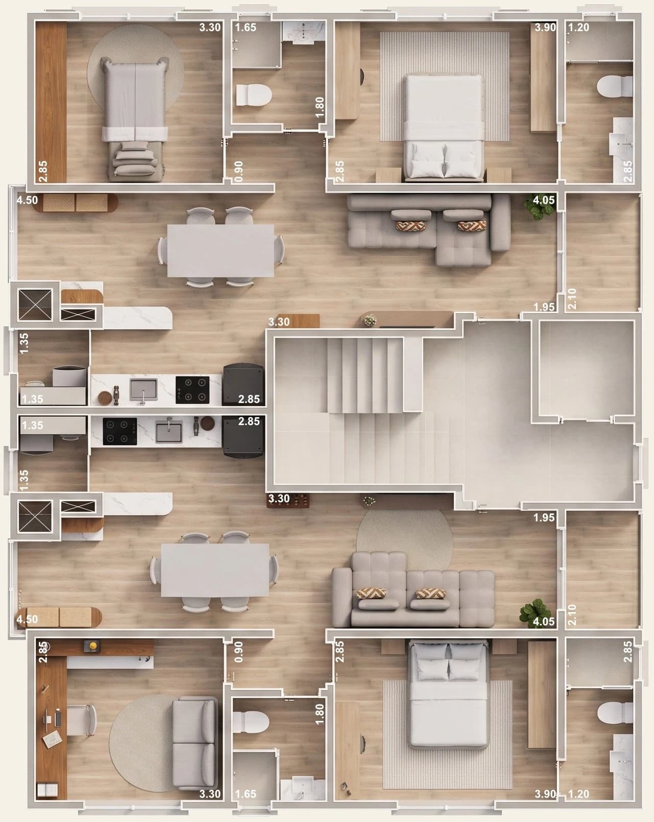 Planta do pavimento tipo com dois apartamentos simétricos, escada e elevador no centro.