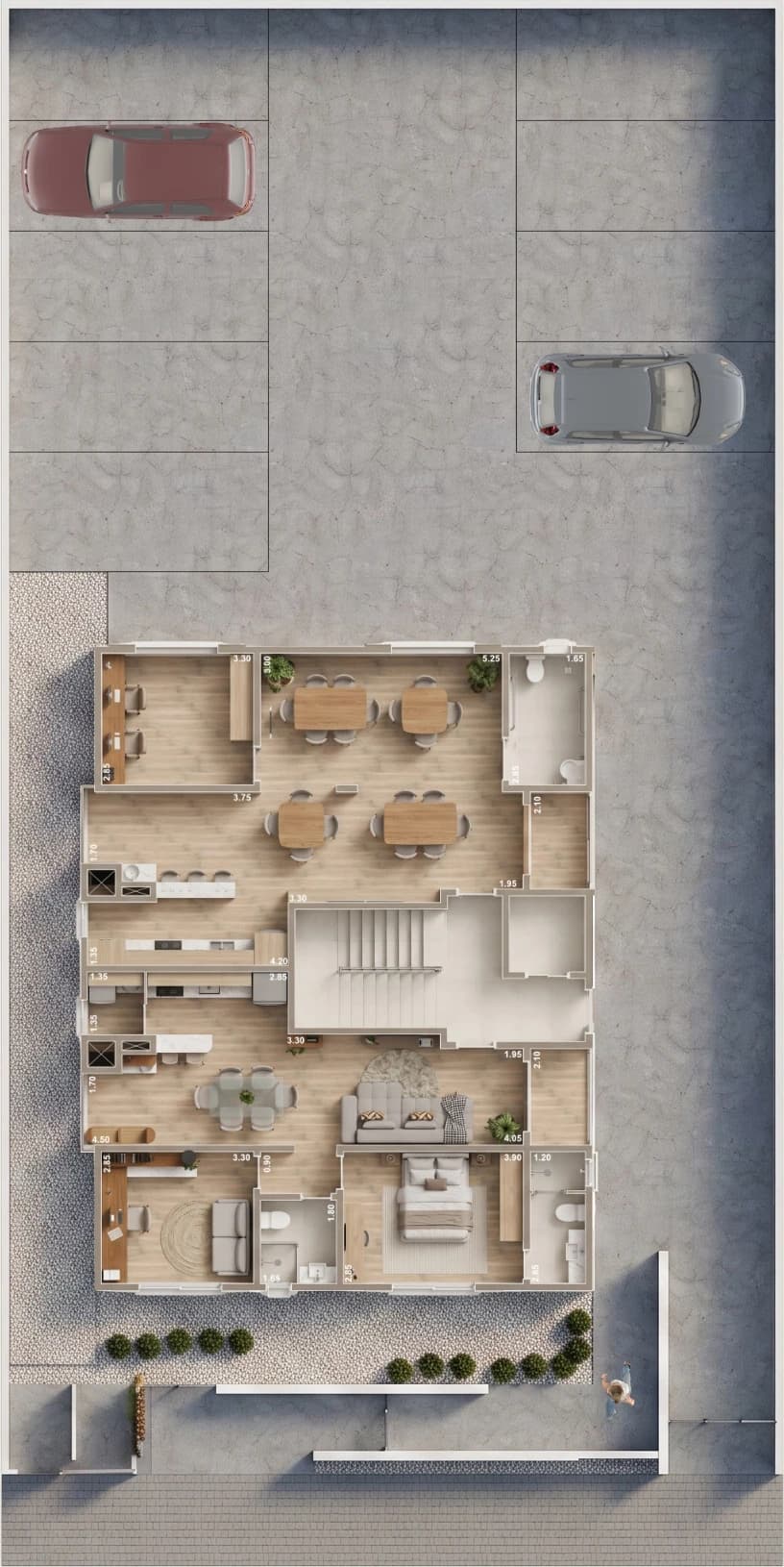 Planta do térreo com estacionamento de nove vagas, salão de festas, cozinha gourmet e o apartamento térreo.